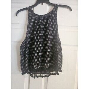 Aerie Women's Size XXS Tank Top Shirt Crop Fringe Edges Geometric Pattern Black